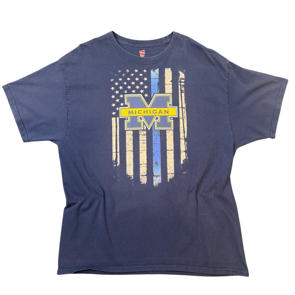 University of Michigan Navy Blue T-Shirt XL Hanes Flag Mens XL